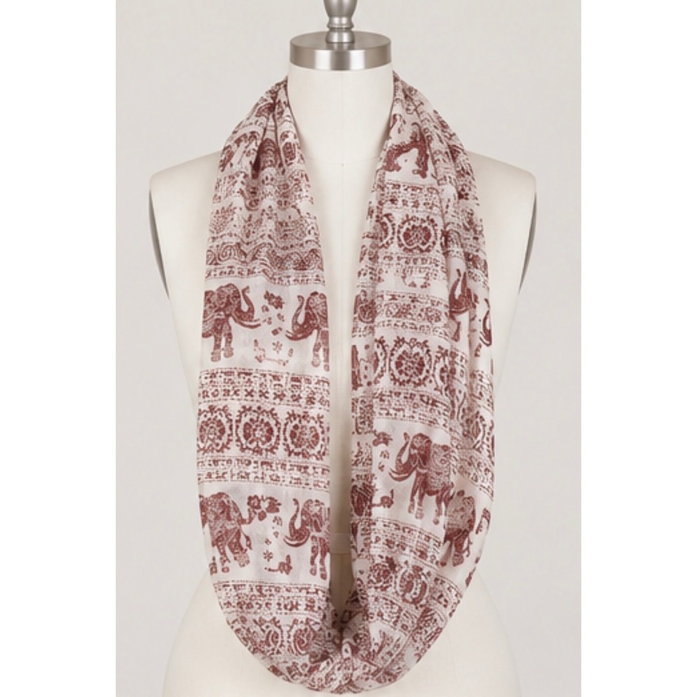 Boho Elephant Infinity Scarf Burgundy Ivory Lightweight Gauze Loop Scarf - Picture 1 of 9